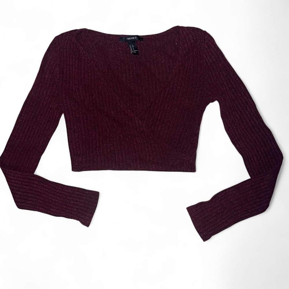 Forever 21 Burgundy Criss Cross Cropped Ribbed Long Sleeve Top – Small